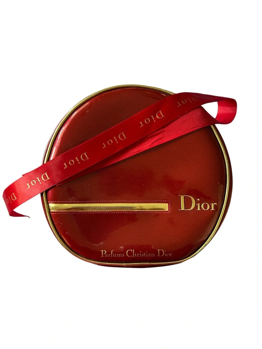 Dior Glossy Red Round Cosmetic Case with Gold Accents